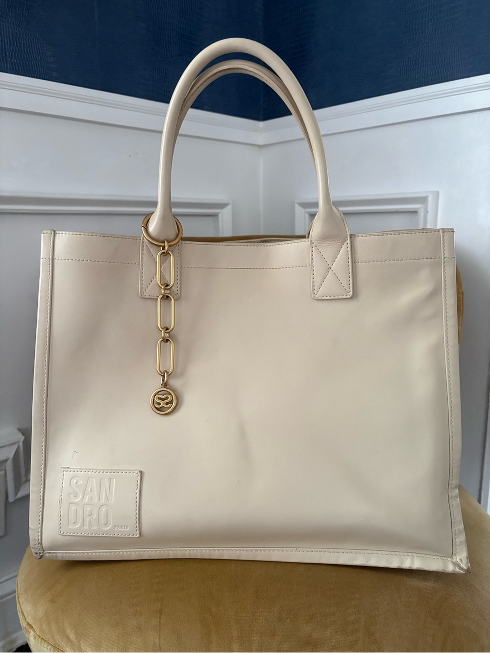 Sandro Cream Leather Tote with Gold Link Charm